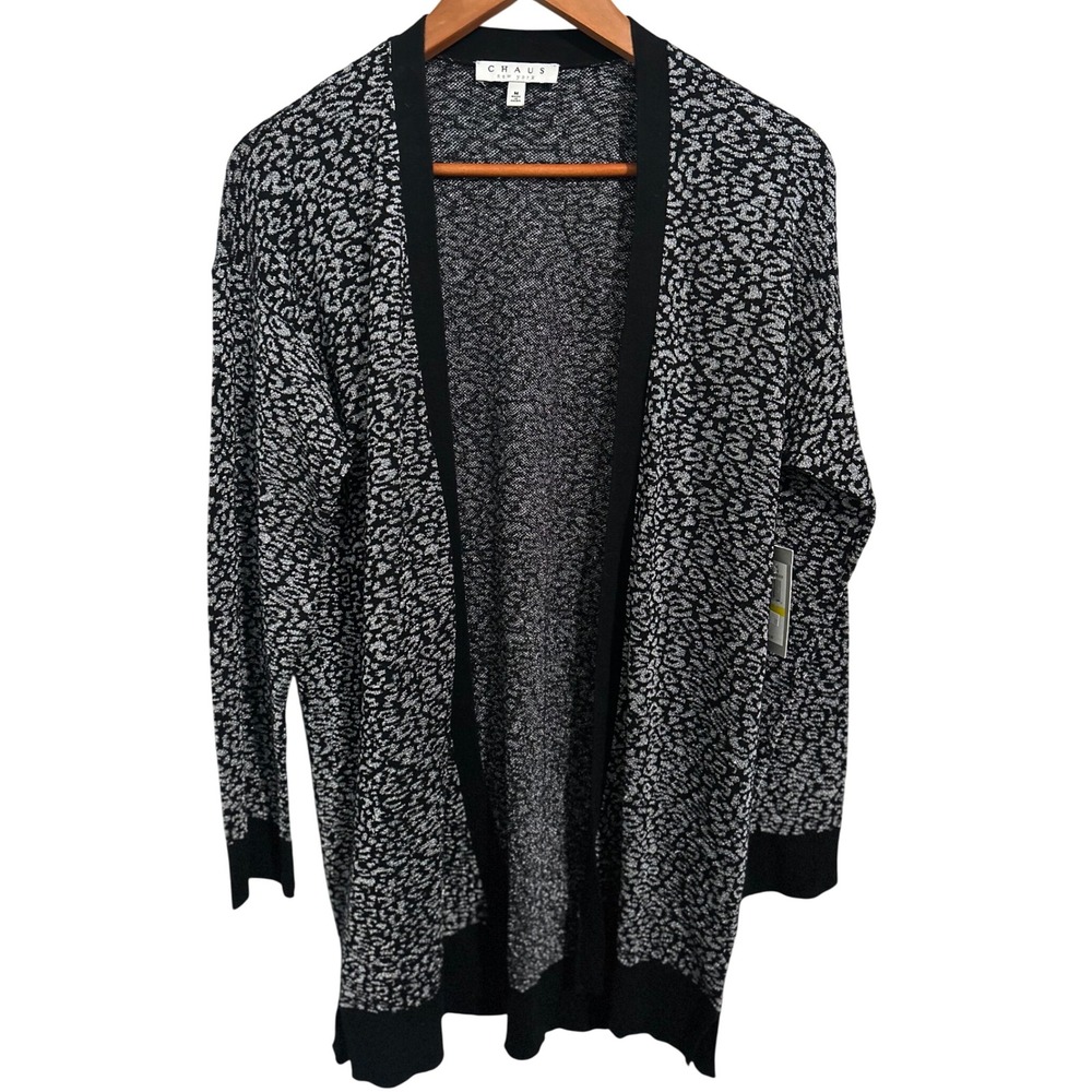 Chaus New‎ York Black and Silver Long Open Cardigan Women's Size Medium NWT